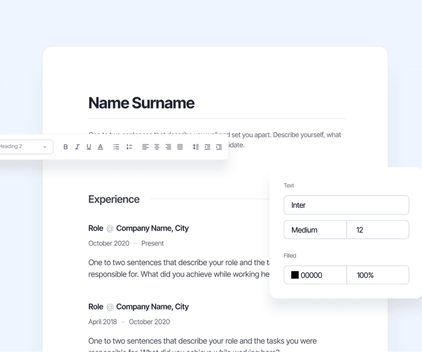 Interface de personalização de CV